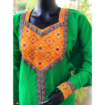 Green Patola Inspired Sanganeri Patchwork Kurti