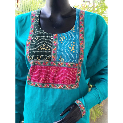 Blue Bandhani Inspired Sanganeri Patchwork Kurti