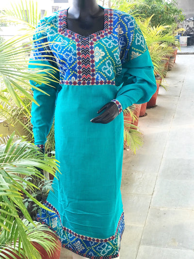 Sea Green Bandhani Inspired Sanganeri Patchwork Kurti