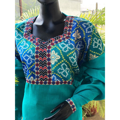 Sea Green Bandhani Inspired Sanganeri Patchwork Kurti
