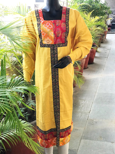 Yellow Patola Inspired Sanganeri Patchwork Kurti
