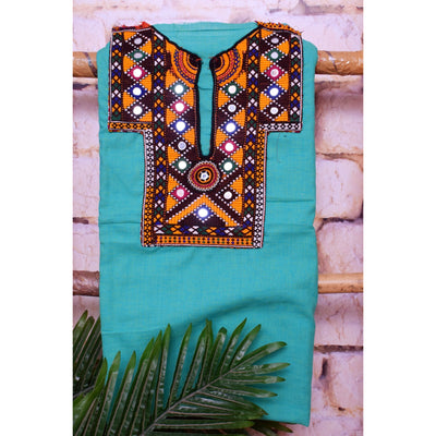 Sea Green Cotton Kutch Old Work Kurti Fabric