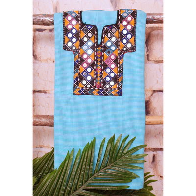 Blue Cotton Kutch Old Work Kurti Fabric