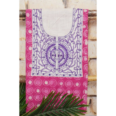 Pink Dabu Cotton Hand Embroidered Kurti Fabric