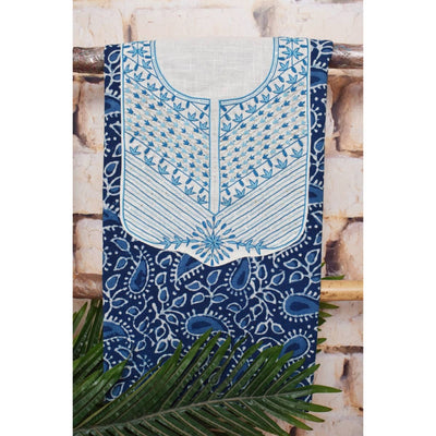 Indigo Dabu Cotton Hand Embroidered Kurti Fabric