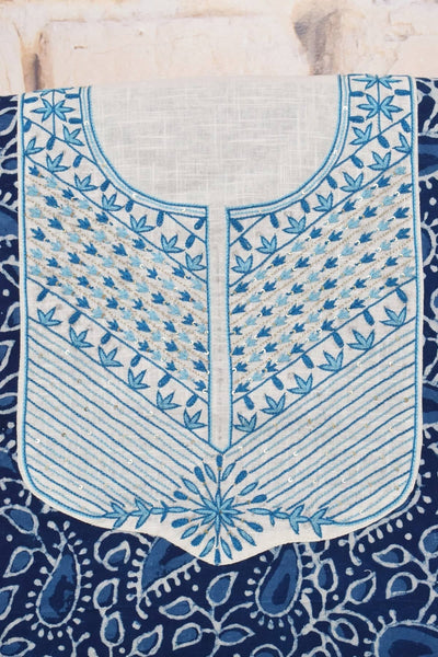 Indigo Dabu Cotton Hand Embroidered Kurti Fabric