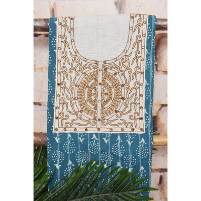 Blue Dabu Cotton Hand Embroidered Kurti Fabric