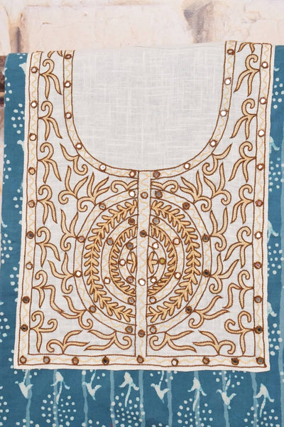 Blue Dabu Cotton Hand Embroidered Kurti Fabric