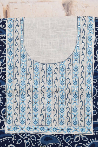 Indigo Dabu Cotton Hand Embroidered Kurti Fabric