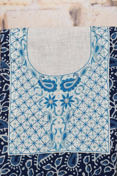 Indigo Dabu Cotton Hand Embroidered Kurti Fabric