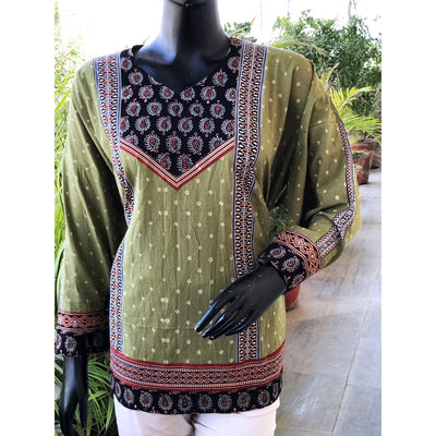 Green Ajrakh Bandhani Cotton Designer Short Kurti