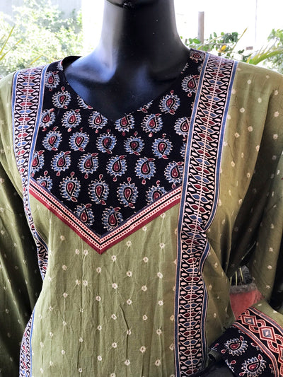 Green Ajrakh Bandhani Cotton Designer Short Kurti