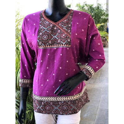 Purple Ajrakh Bandhani Cotton Designer Short Kurti