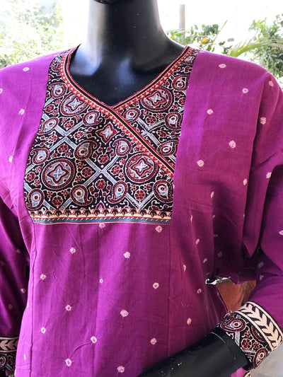 Purple Ajrakh Bandhani Cotton Designer Short Kurti