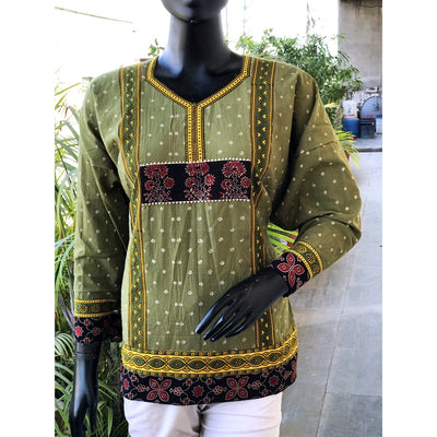 Green Ajrakh Bandhani Cotton Designer Short Kurti