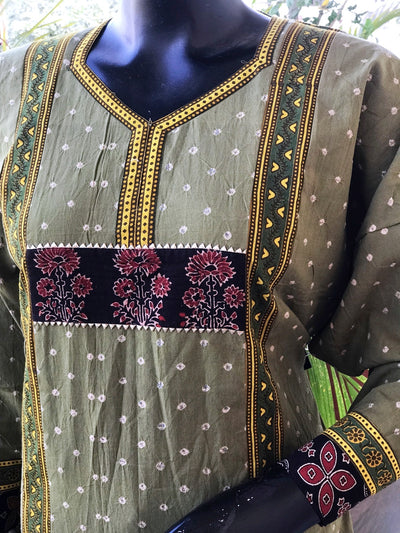 Green Ajrakh Bandhani Cotton Designer Short Kurti