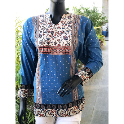 Blue Ajrakh Bandhani Cotton Designer Short Kurti
