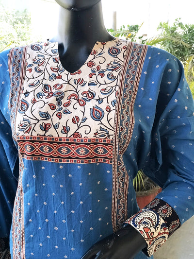 Blue Ajrakh Bandhani Cotton Designer Short Kurti