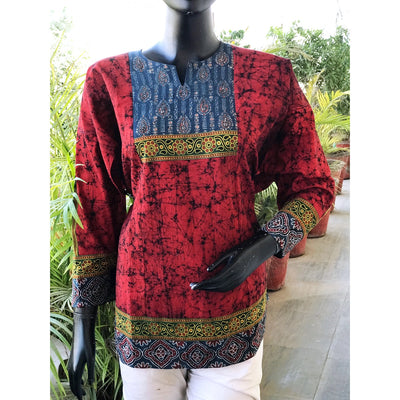 Red Ajrakh Batik Cotton Designer Short Kurti