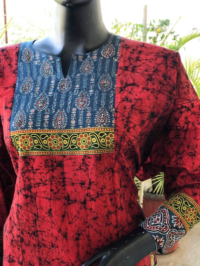 Red Ajrakh Batik Cotton Designer Short Kurti