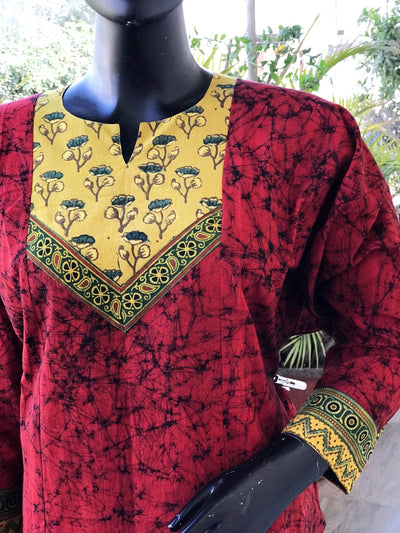 Red Ajrakh Batik Cotton Designer Short Kurti