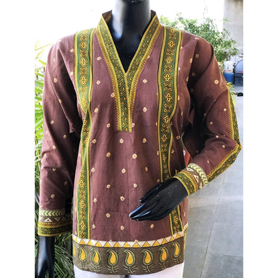 Brown Ajrakh Bandhani Cotton Designer Short Kurti