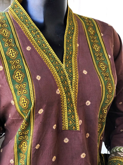 Brown Ajrakh Bandhani Cotton Designer Short Kurti