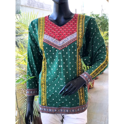 Green Ajrakh Bandhani Cotton Designer Short Kurti