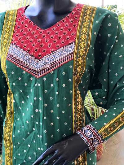 Green Ajrakh Bandhani Cotton Designer Short Kurti