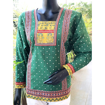Green Ajrakh Bandhani Cotton Designer Short Kurti