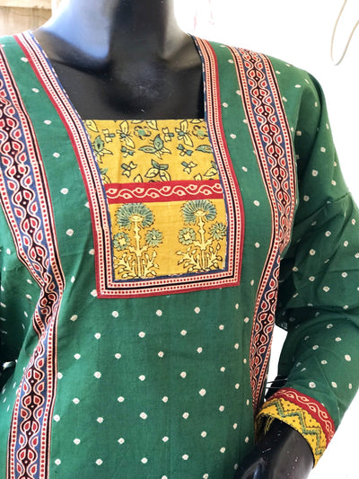 Green Ajrakh Bandhani Cotton Designer Short Kurti
