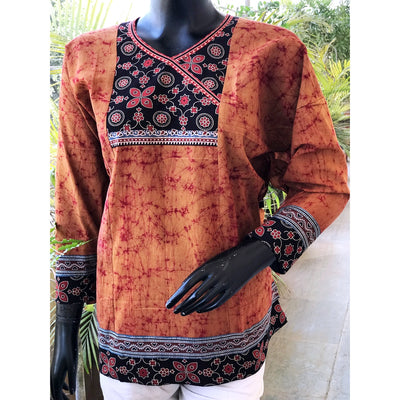 Orange Ajrakh Batik Cotton Designer Short Kurti