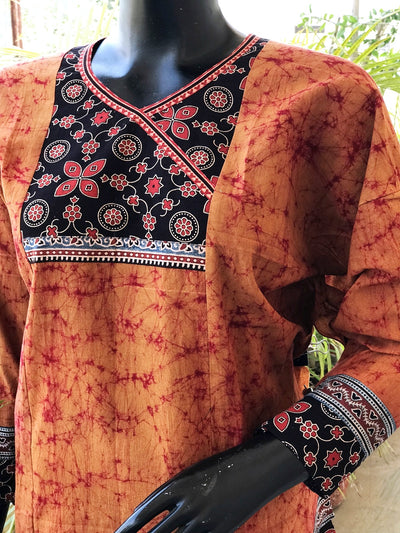 Orange Ajrakh Batik Cotton Designer Short Kurti