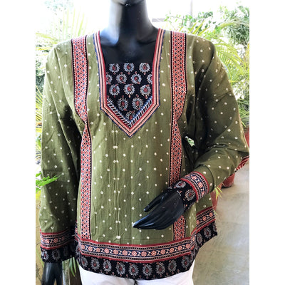 Green Ajrakh Bandhani Cotton Designer Short Kurti