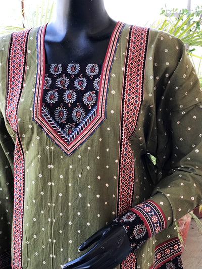 Green Ajrakh Bandhani Cotton Designer Short Kurti