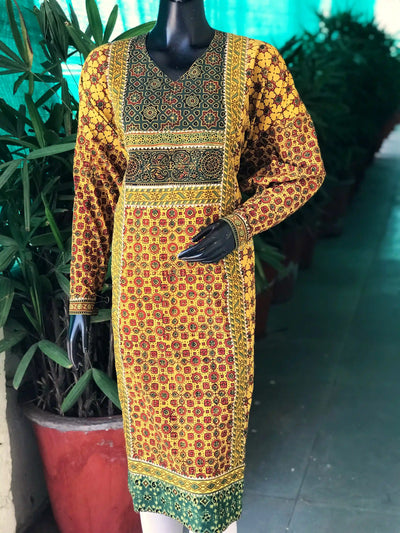 Yellow Ajrakh Designer Cotton Patchwork Kurti