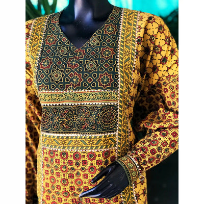 Yellow Ajrakh Designer Cotton Patchwork Kurti