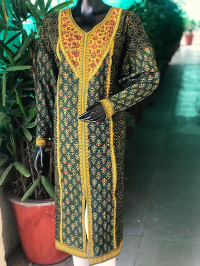 Green Ajrakh Designer Cotton Patchwork Kurti