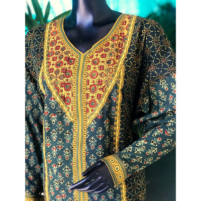 Green Ajrakh Designer Cotton Patchwork Kurti