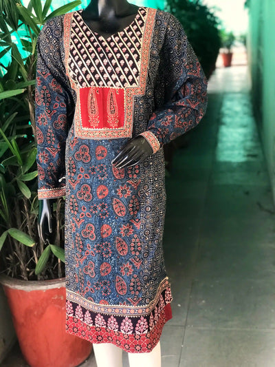 Indigo Ajrakh Designer Cotton Patchwork Kurti