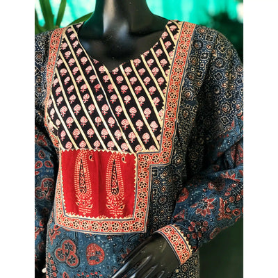 Indigo Ajrakh Designer Cotton Patchwork Kurti