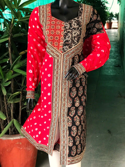 Black Ajrakh Designer Cotton Patchwork Kurti