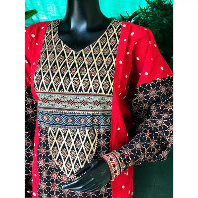Black Ajrakh Designer Cotton Patchwork Kurti