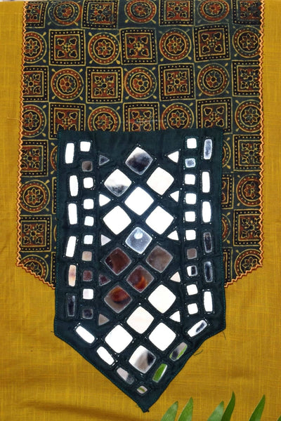 Yellow Ajrakh Patch Mirror Work Cotton Kurti