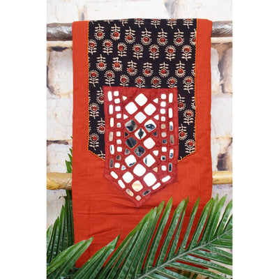 Rust Ajrakh Patch Mirror Work Cotton Kurti