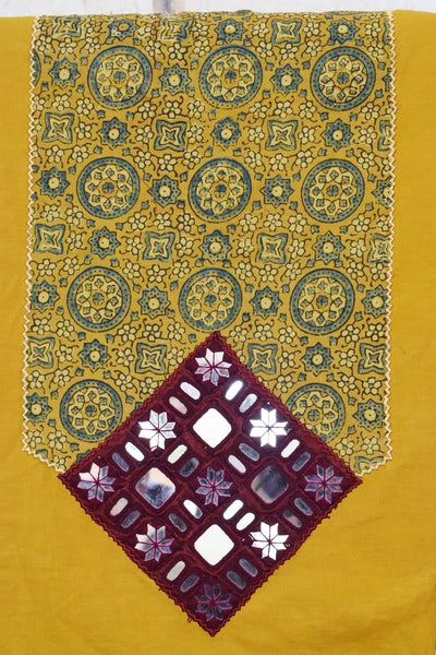 Yellow Ajrakh Patch Mirror Work Cotton Kurti
