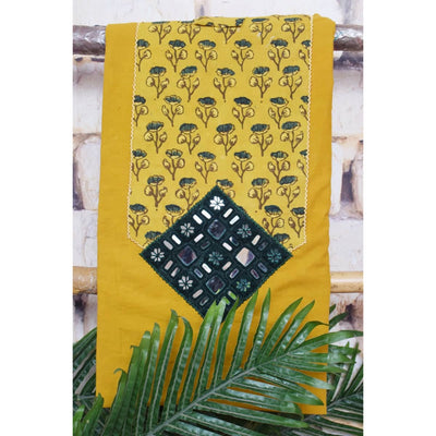 Yellow Ajrakh Patch Mirror Work Cotton Kurti