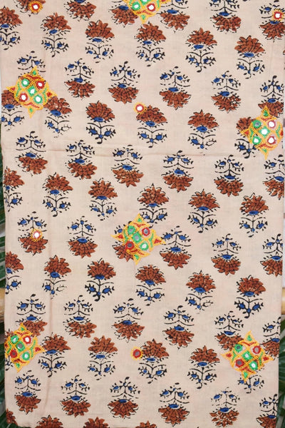 Cream Ajrakh Cotton Kutch work Kurti Fabric