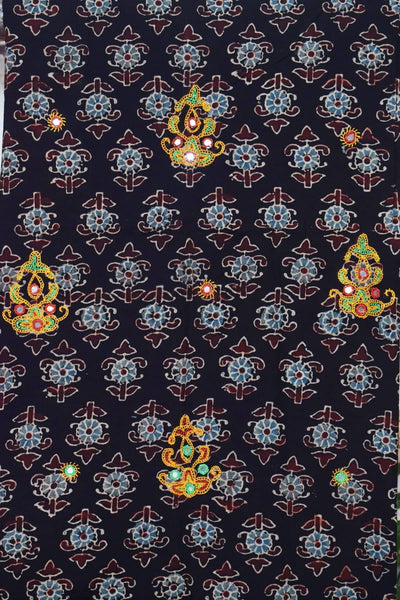 Black Ajrakh Cotton Kutch work Kurti Fabric