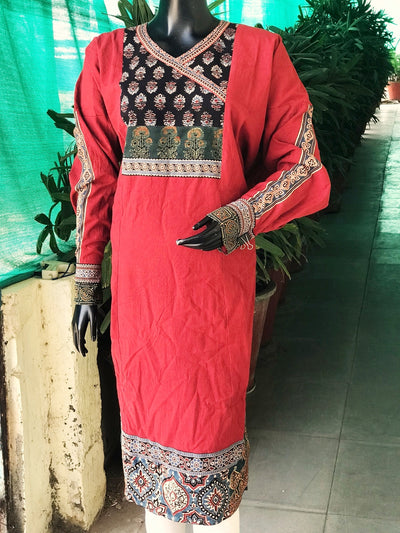 Madder Ajrakh Patchwork Cotton Designer Kurti